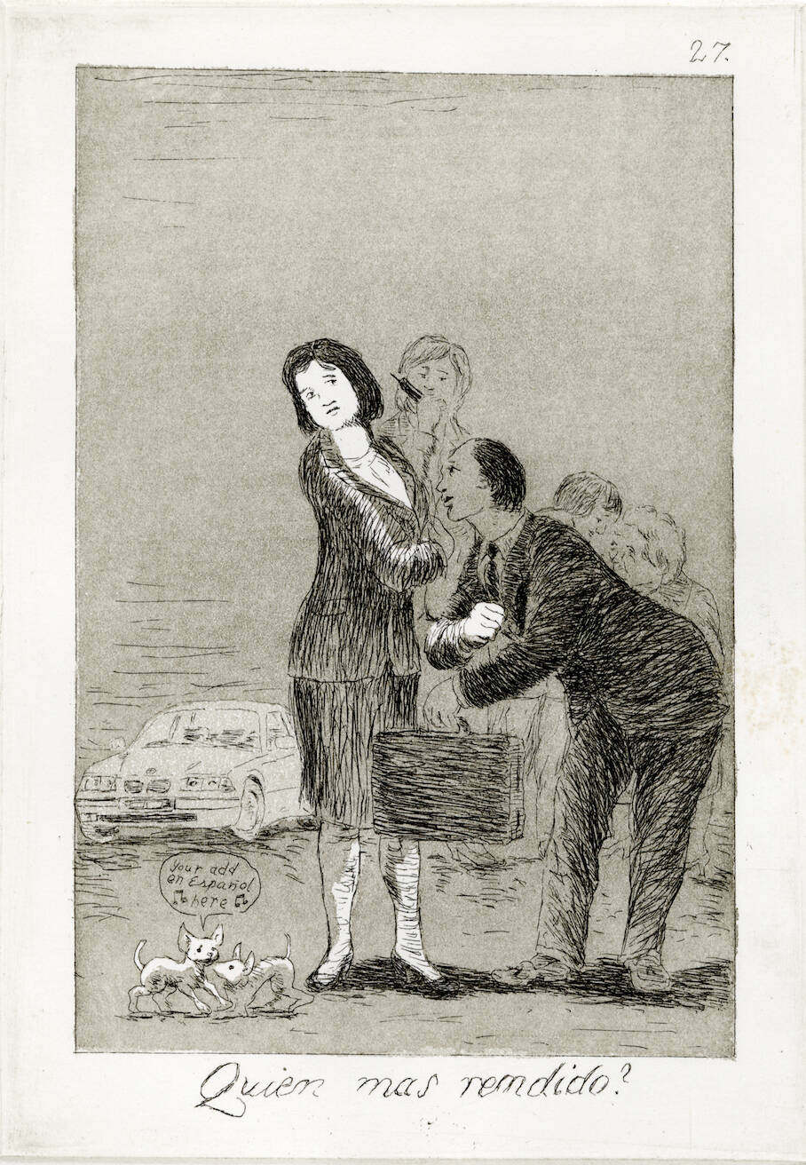 Black and white print of a woman with dark short hair and blouse standing to the left of another person leaning over a desk/table. Small dogs bottom left.
